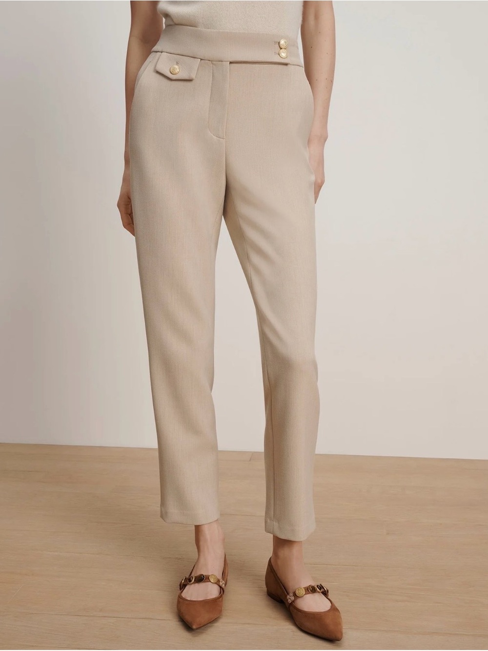 Veronica Beard Beige High-Rise Ankle Pants with Button-Tab